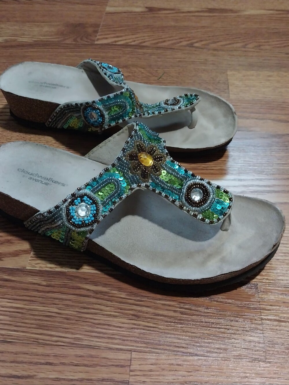 Clould Walkers Avenue Wedge Flip Flops Women 9w Blue Beaded Boho Sandals